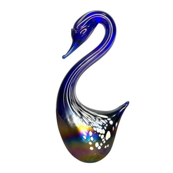 Vintage Iridescent Cobalt Blue Glass Swans Art Hand Blown Glass Set of 2 - Picture 6 of 7